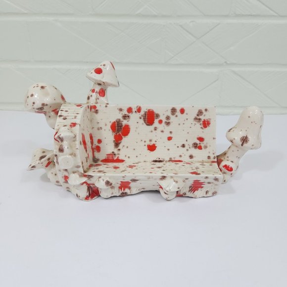 Funky 1970's Orange Speckle Ceramic Log with Mushrooms Groovy Decor - Picture 2 of 7